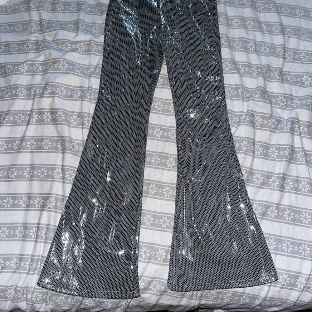 Sequin Flared Women's Pants - Silver